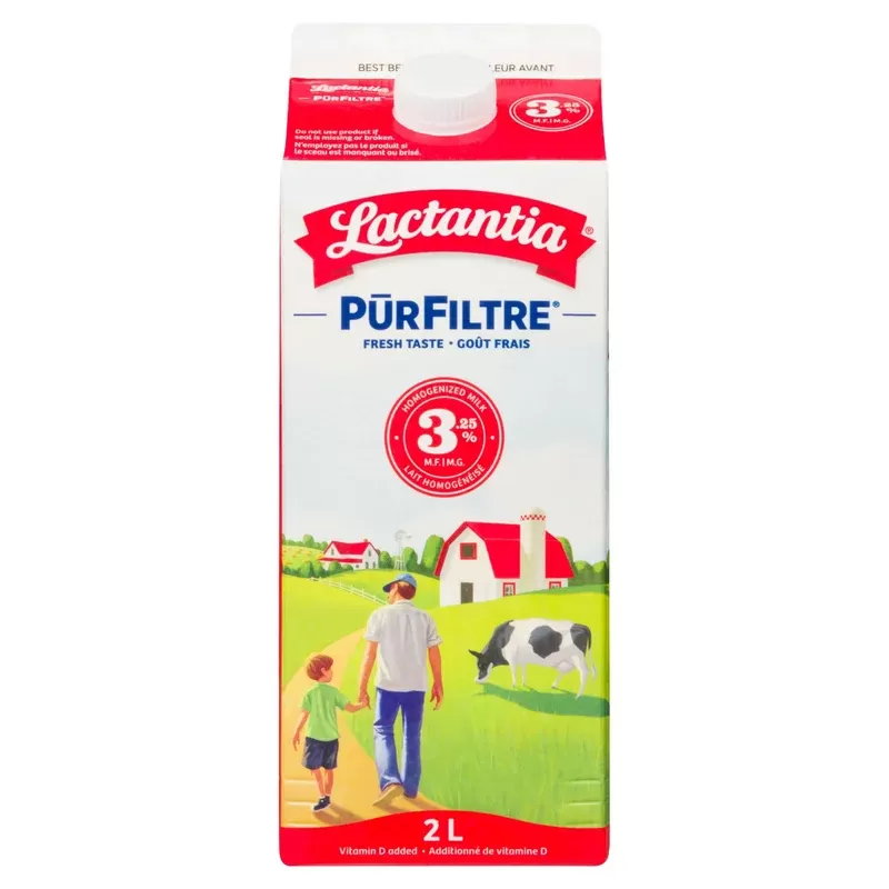 Lait homogénéisé Lactantia PūrFiltre, 3,25 % M. G. – 2 L