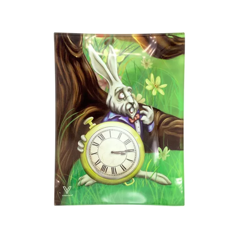 V Syndicate White Rabbit Shatter Resistant Glass Rolling Tray – 6.5in